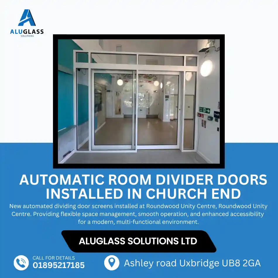 Automatic room divider system installed by Aluglass Solutions in a commercial interior for flexible space management in London