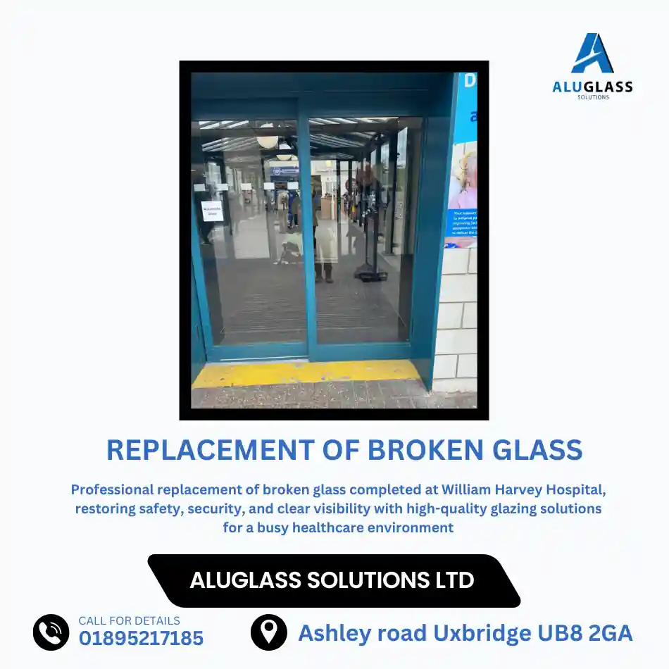 Broken glass panel replaced by Aluglass Solutions in a commercial entrance door in London restoring security with minimal business disruption