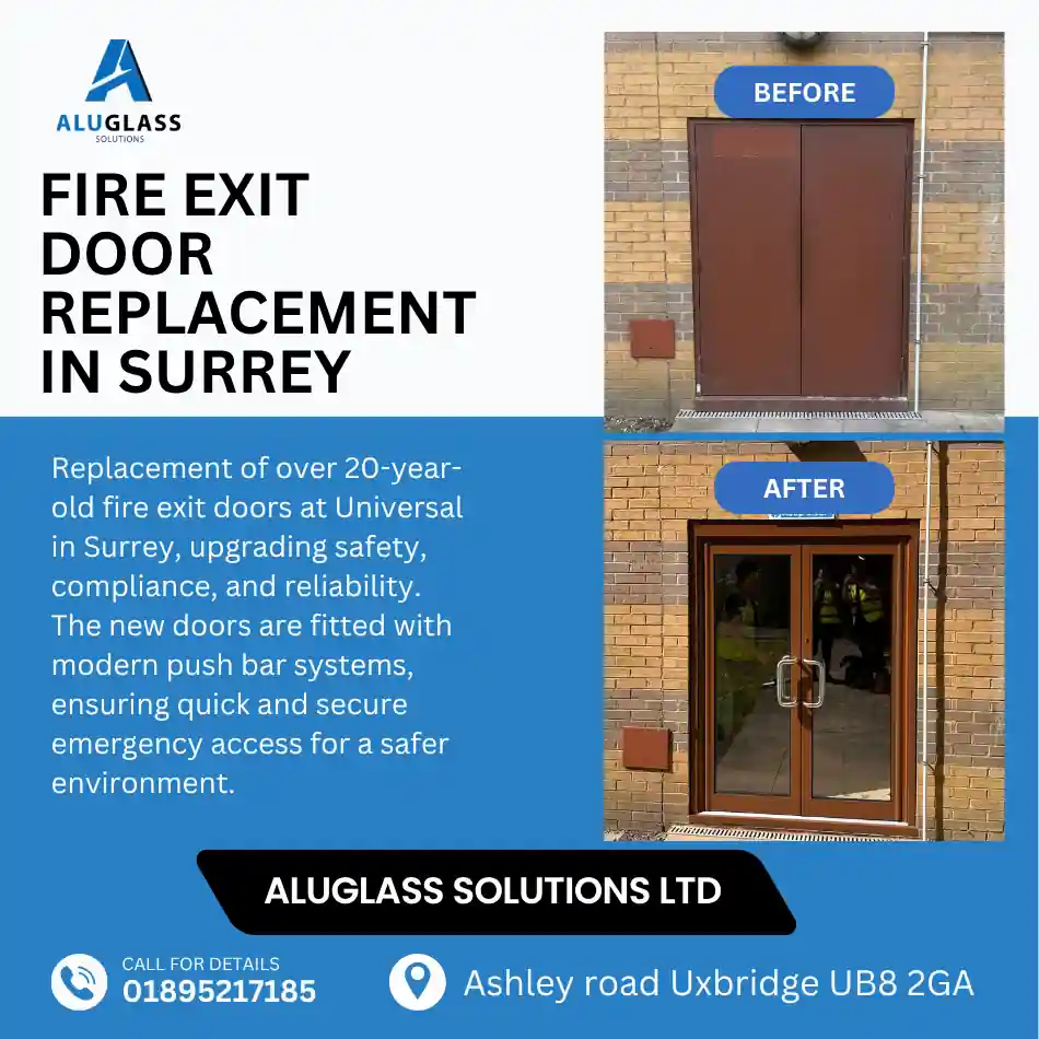 Fire exit door replacement completed by Aluglass Solutions in full compliance with UK fire safety regulations for a London commercial premises
