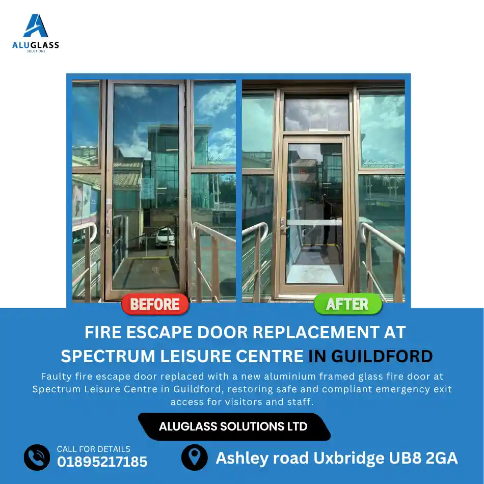 Fire escape door replaced by Aluglass Solutions to BS EN standards providing a reliable means of escape for a commercial premises in Greater London