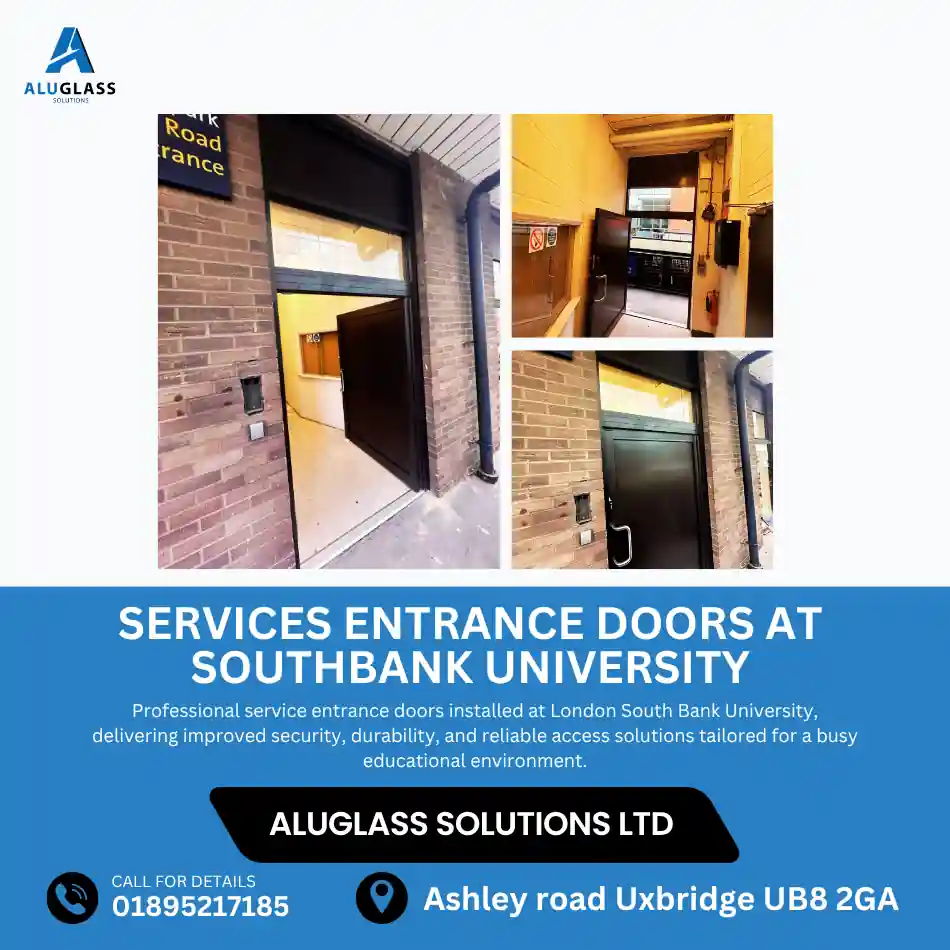 Single-leaf services entrance door fitted with high-security hardware by Aluglass Solutions for a commercial building in Uxbridge