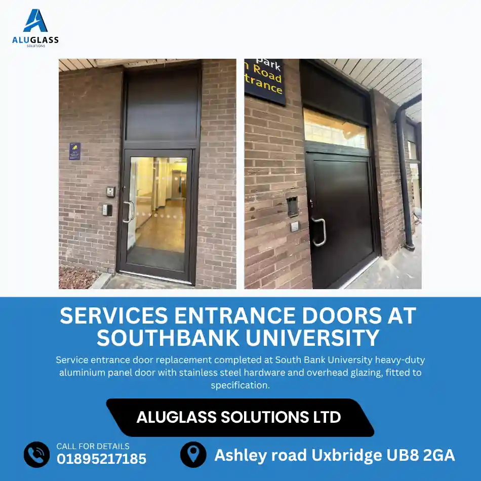 Commercial services entrance doors installed by Aluglass Solutions for a business facility in London combining durability with a professional finish