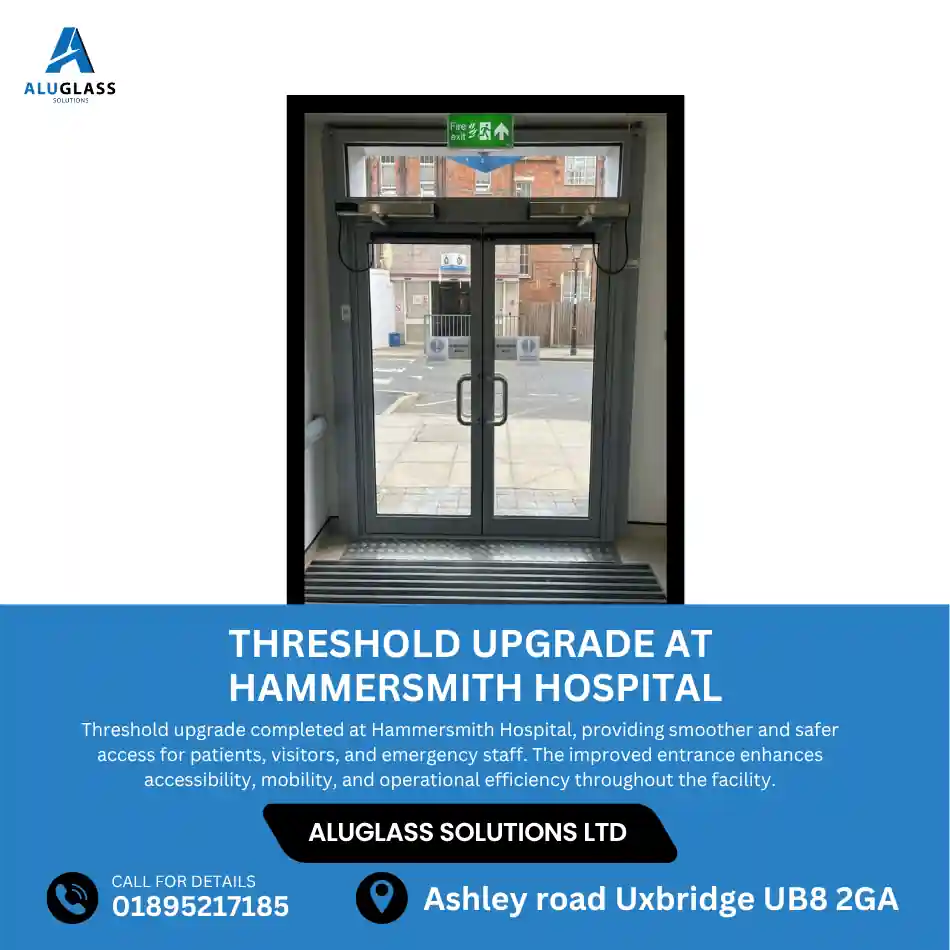 Powder-coated aluminium double swing doors installed by Aluglass Solutions at a commercial property in Greater London