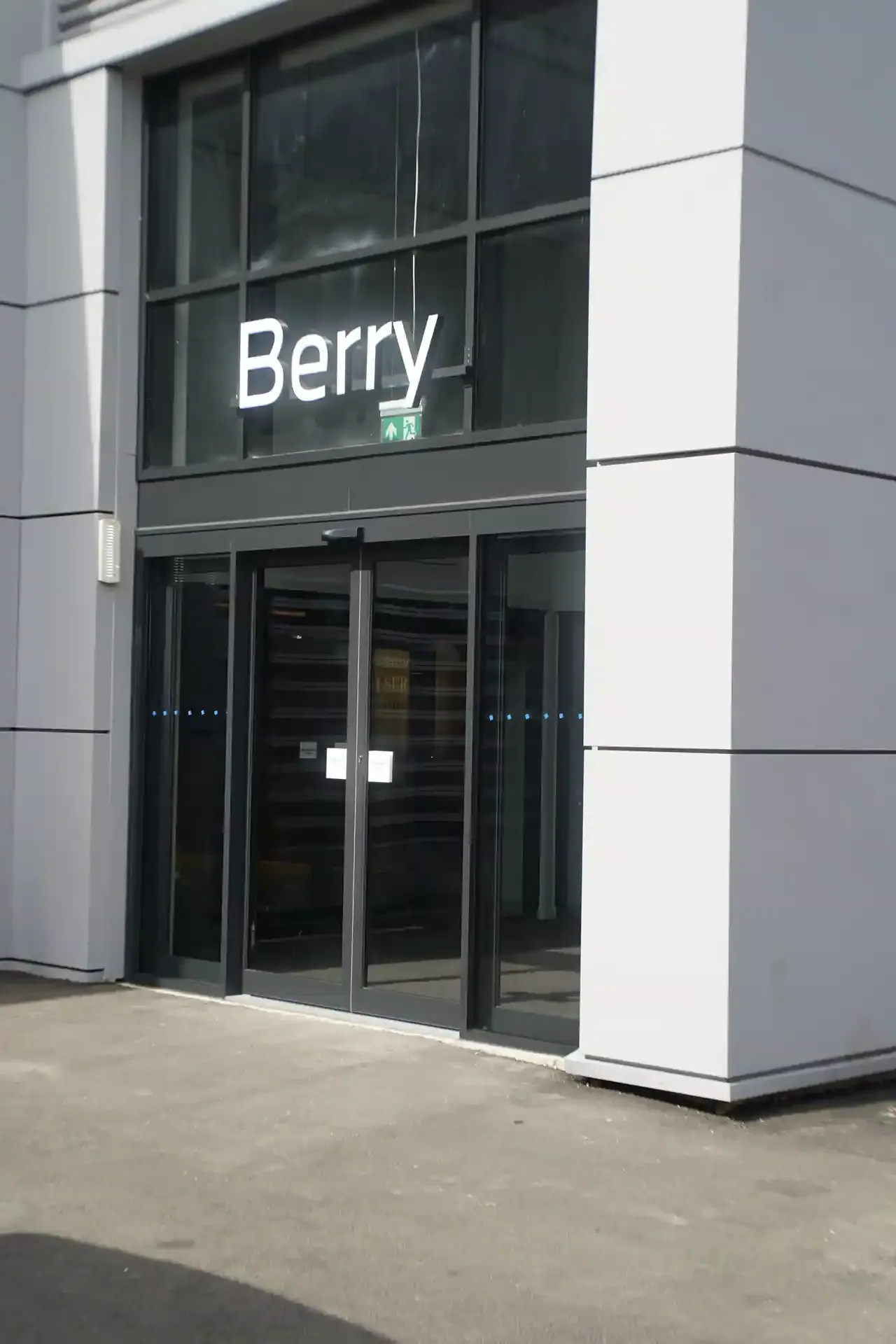 The completed automatic entrance at BMW Berry Showroom, straight-on view